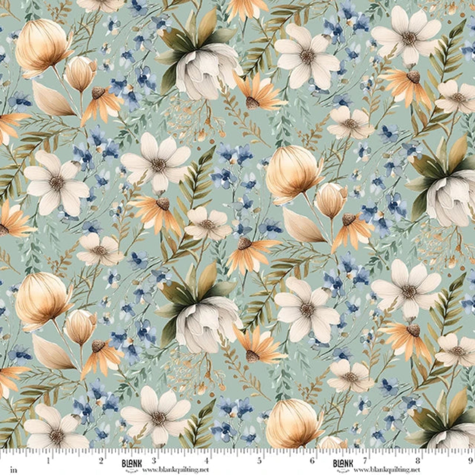 A repeating floral fabric pattern on a dusty light blue-green background, featuring large cream and peach flowers, white blossoms, green leaves, and small blue flowers. A white ruler strip with BLANK branding appears along the bottom edge.