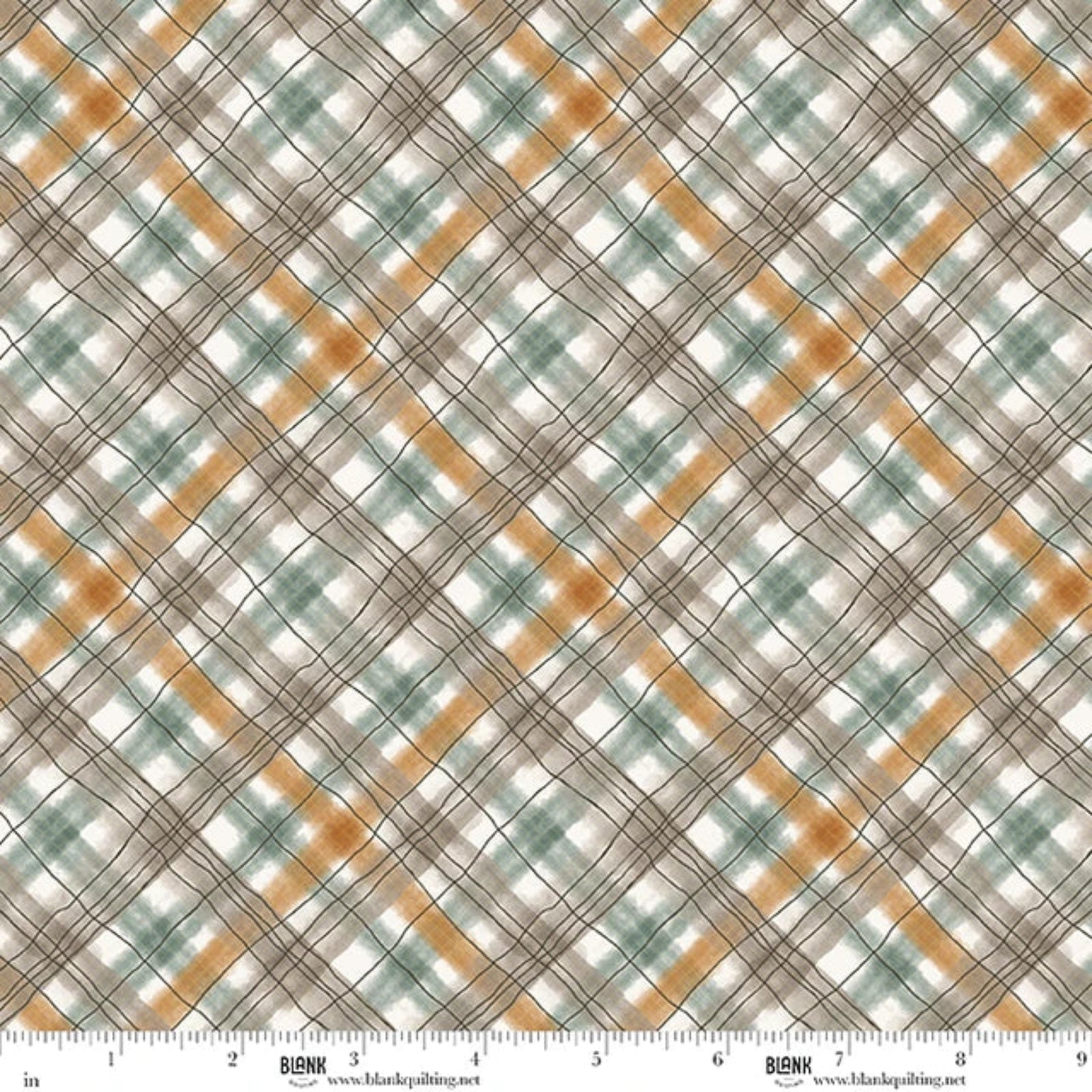 A close-up of a plaid fabric pattern with intersecting diagonal lines in brown, muted green, ochre orange, and black over a white base. A white ruler with inch markings and the brand name BLANK is visible along the bottom edge.