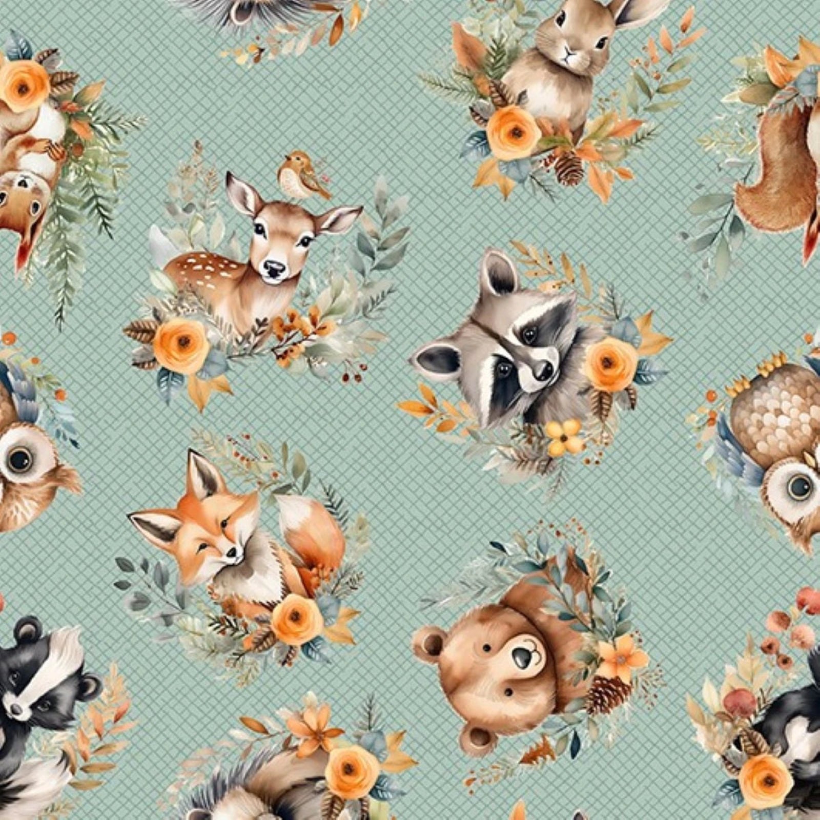 Pattern of forest animals and flowers on a teal background