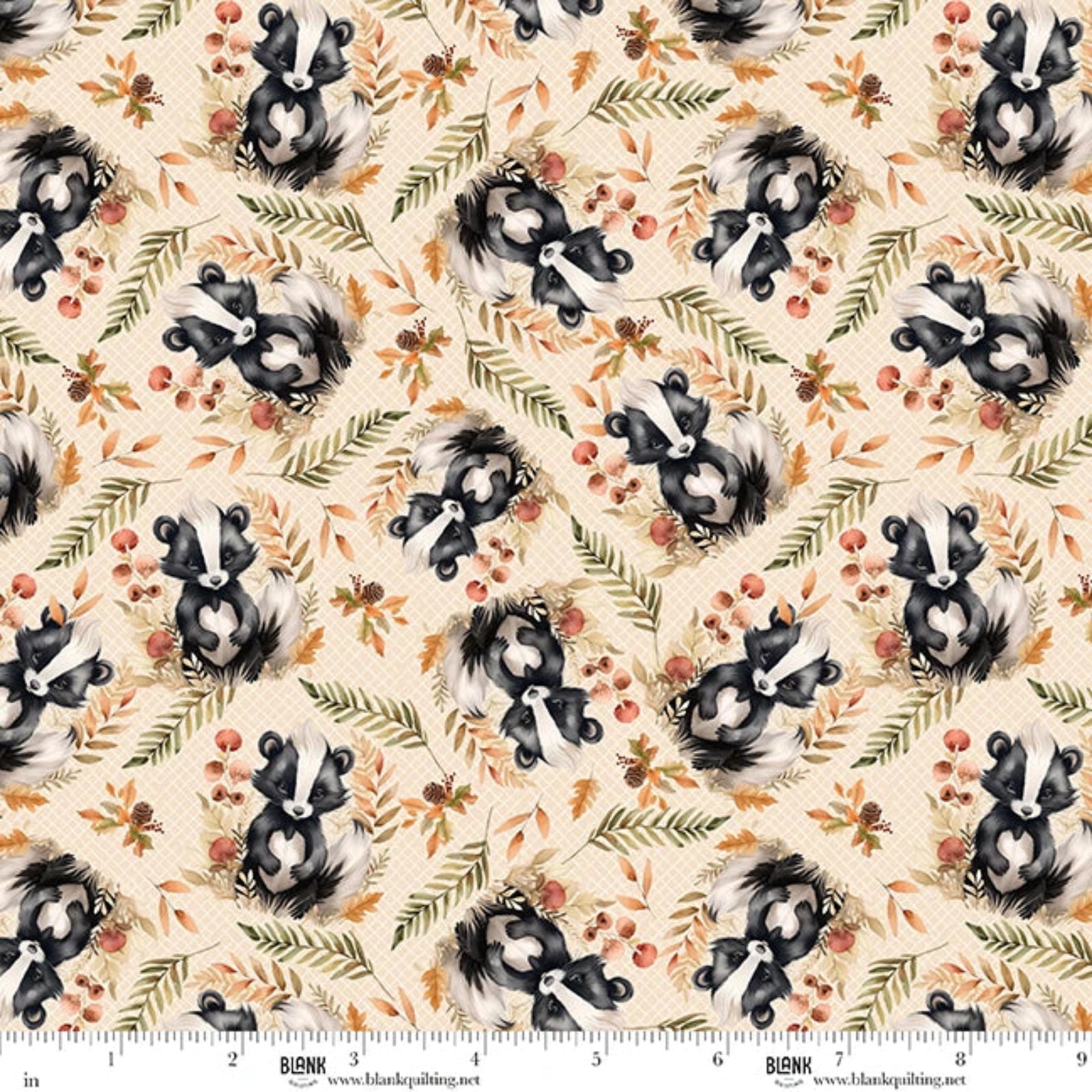 Pattern of badgers with leaves and berries on a beige background