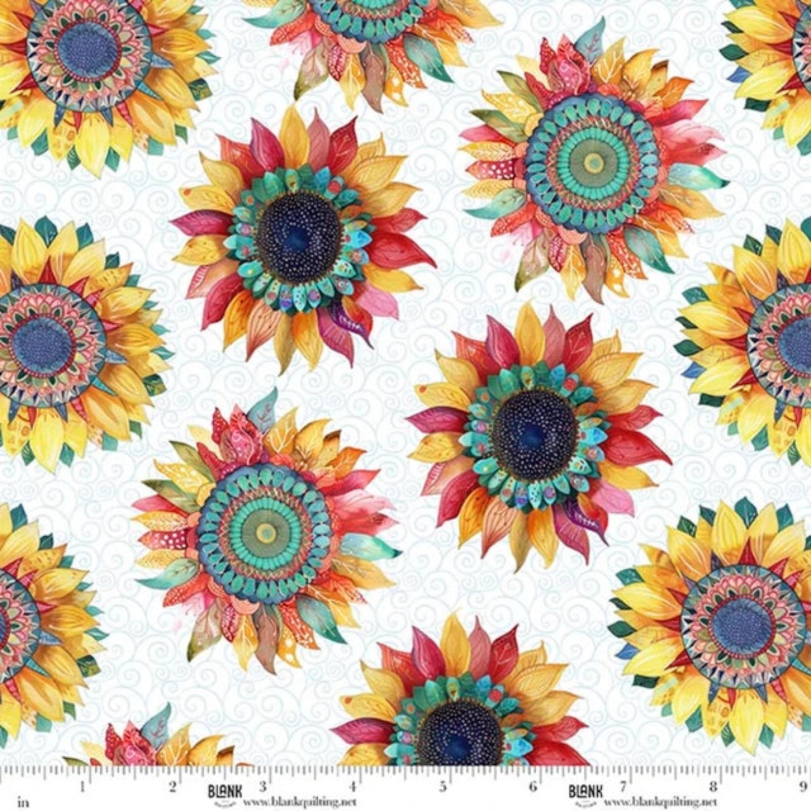 A repeating pattern of colorful watercolor sunflowers on a white background with a faint swirl pattern, shown with a measurement ruler at the bottom. The sunflowers feature yellow, red, orange, teal, and blue tones.