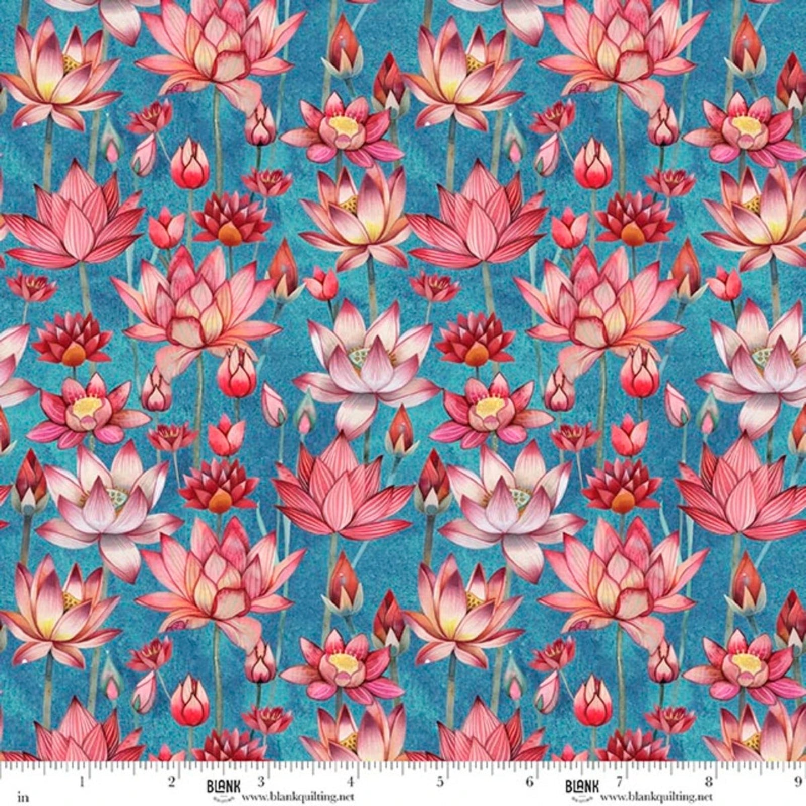 A repeating floral pattern featuring pink lotus flowers with red buds on a textured turquoise blue background.