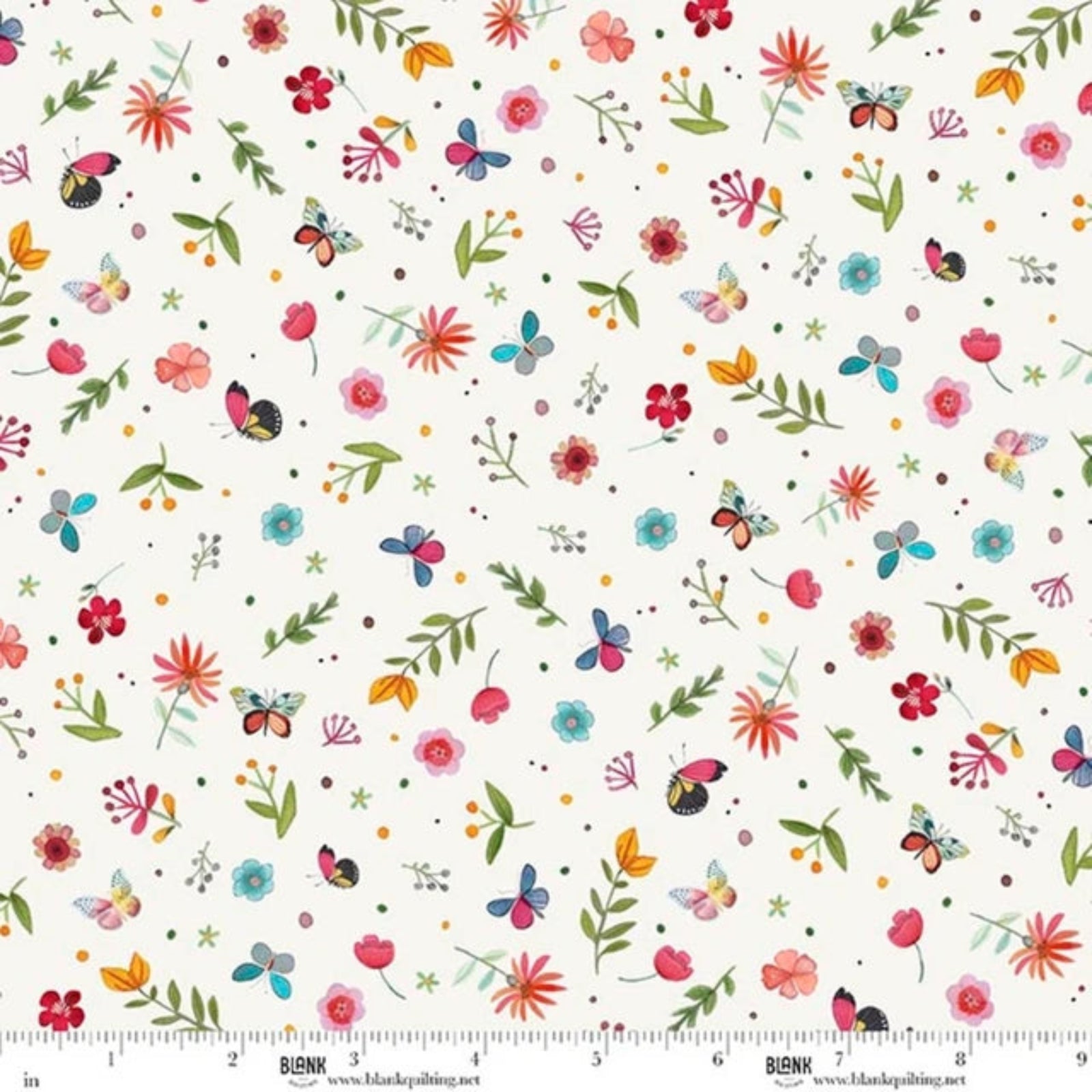 A repeating fabric pattern featuring colorful butterflies, flowers, leaves, and small stars on an off-white background, with a BLANK brand ruler printed along the bottom edge.