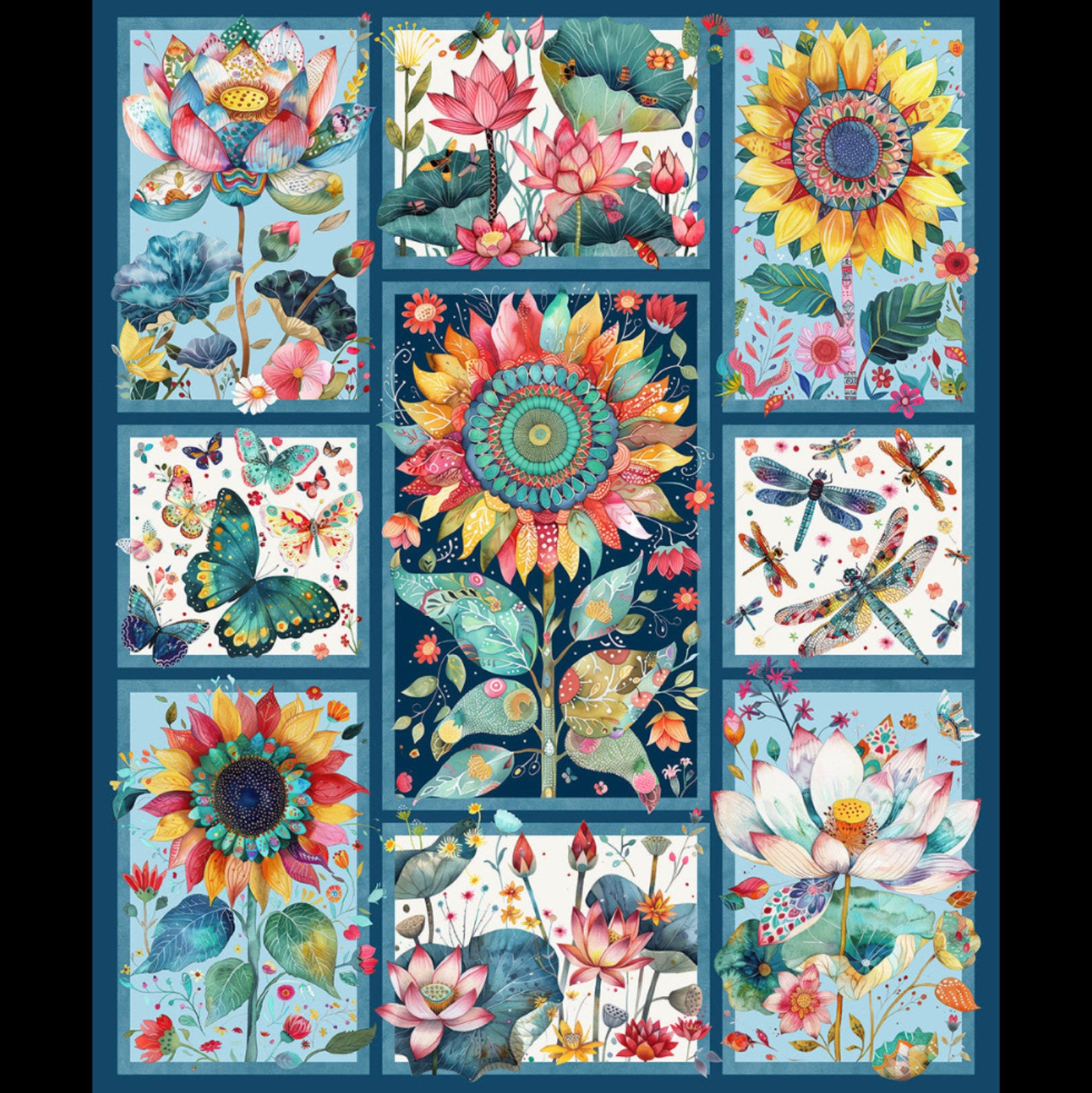Multicolored floral and nature-themed quilt with various patterns on a blue background