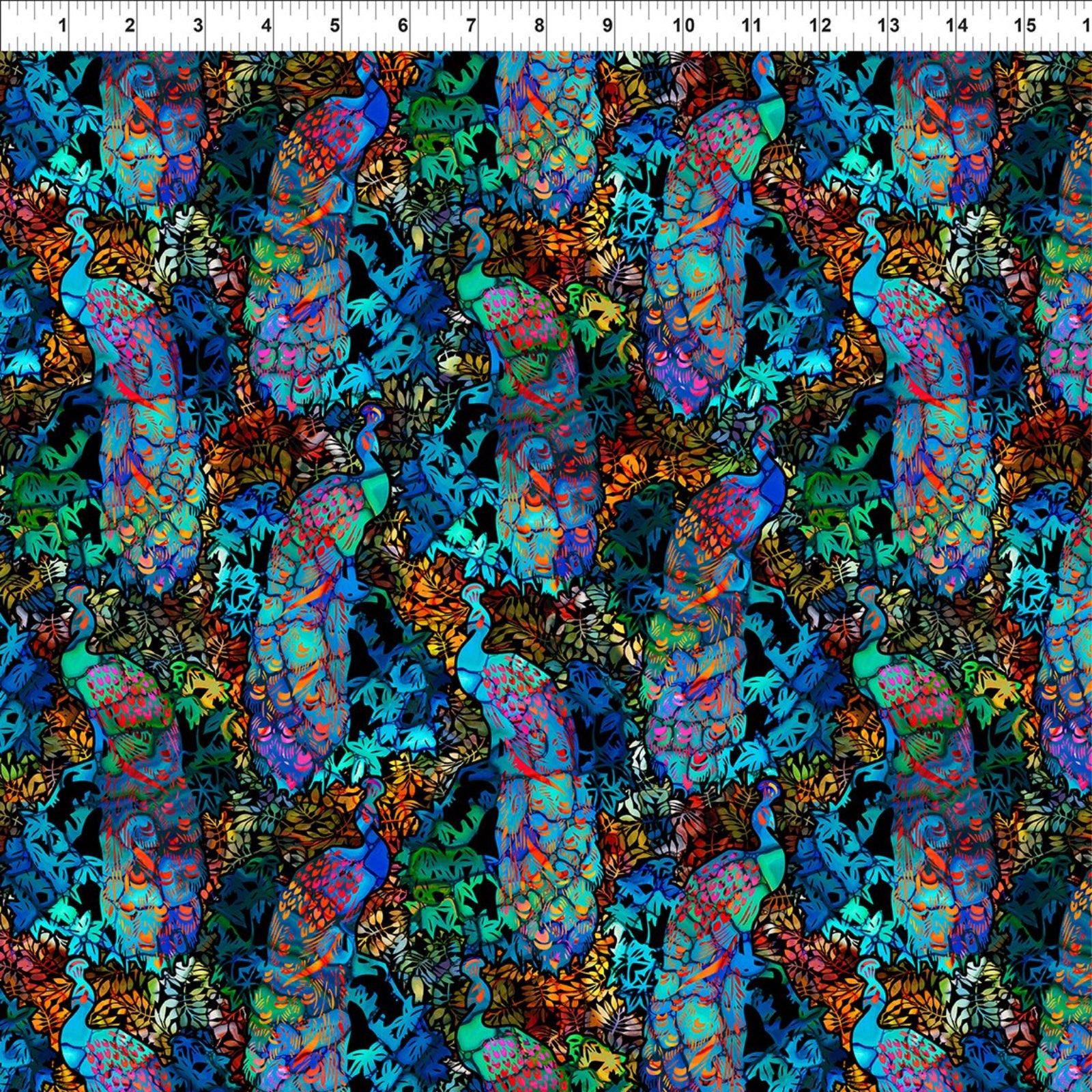 A close-up of a highly detailed, colorful abstract pattern featuring stylized peacocks in shades blue, purple, green, orange, and red on a black background, with a ruler at the top showing scale.