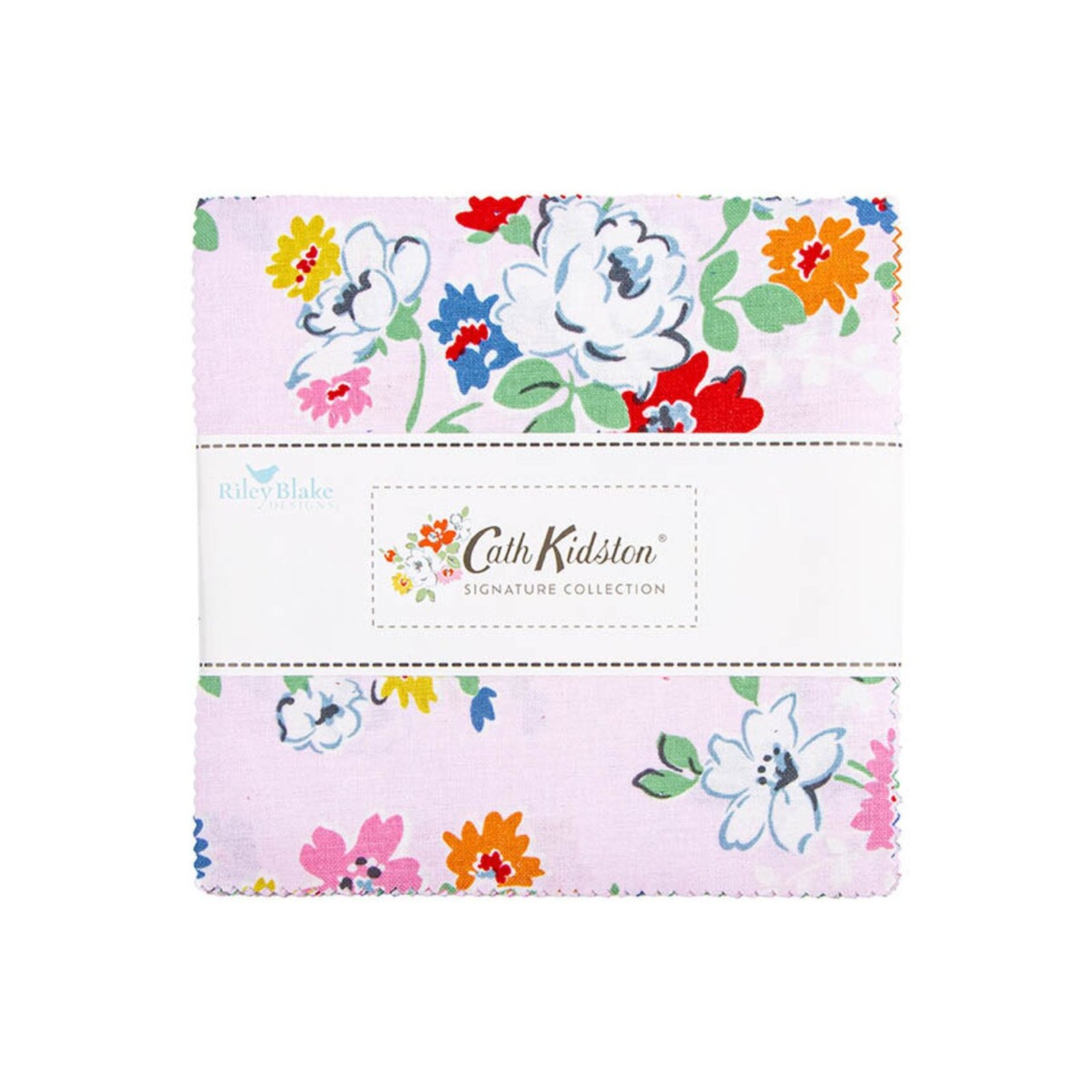 A folded fabric bundle from Cath Kidston Signature Collection by Blue Blake, featuring a light pink background with a colorful floral pattern of white, blue, red, yellow, and pink flowers, wrapped in a white paper band.