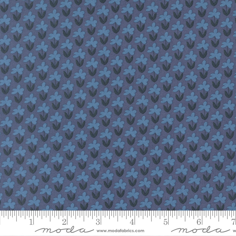 Patterned fabric with blue flowers on a blue background