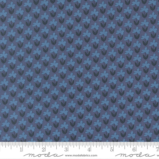 Patterned fabric with blue flowers on a blue background
