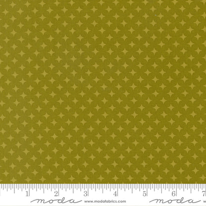Fabric with star pattern on a green background, featuring a ruler for scale