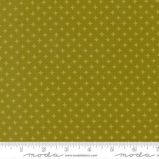 Fabric with star pattern on a green background, featuring a ruler for scale