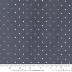 Navy blue fabric with small white polka dots and a ruler at the bottom