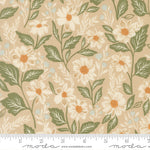 Floral pattern with white flowers and green leaves on a beige background, featuring a ruler for scale