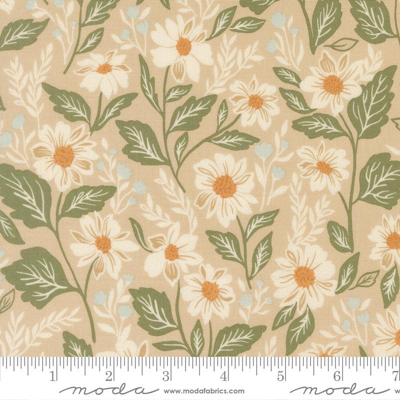 Floral pattern with white flowers and green leaves on a beige background, featuring a ruler for scale