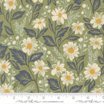 Floral fabric pattern with daisies on a green background, featuring a ruler for scale