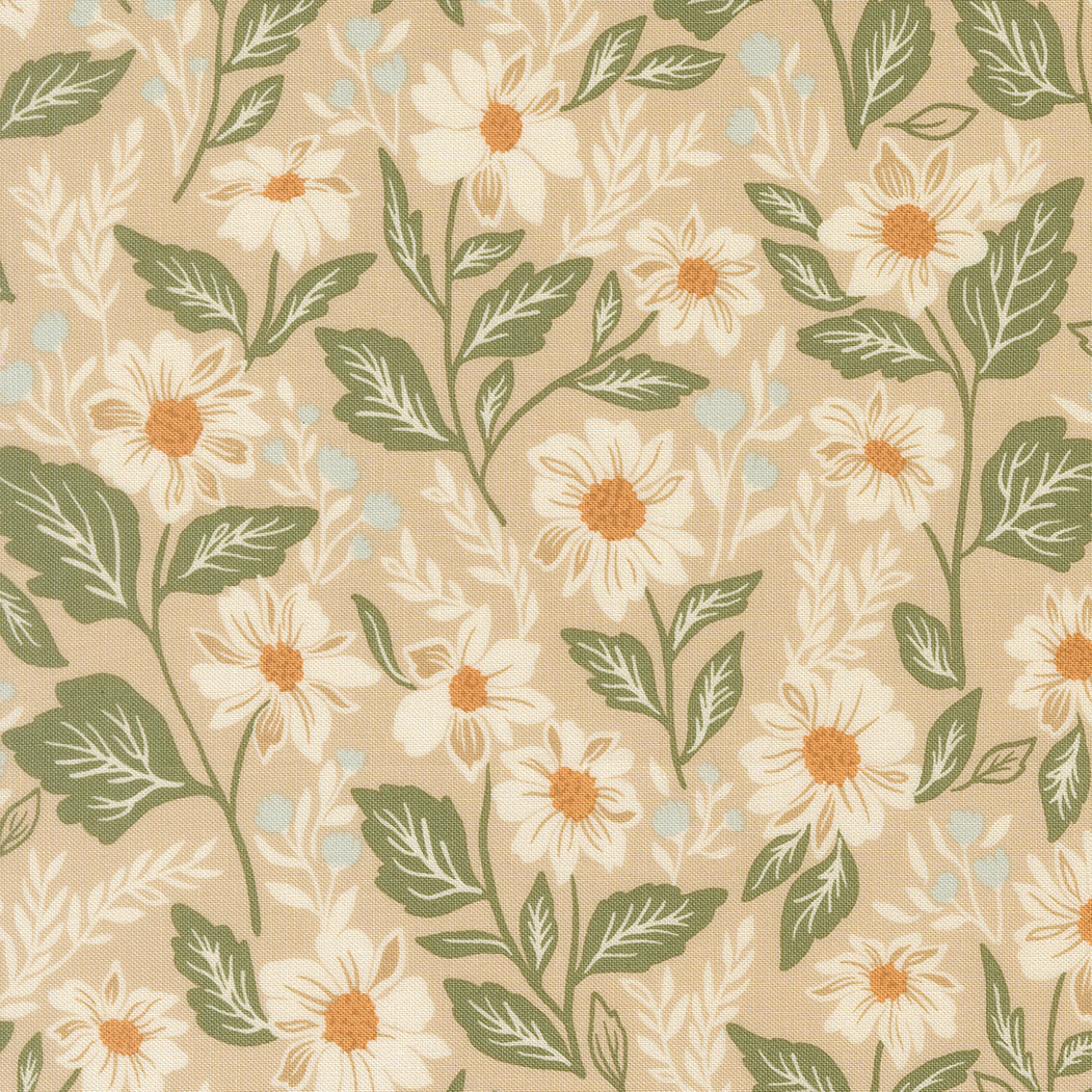 Floral pattern with white flowers and green leaves on a beige background