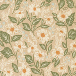 Floral pattern with white flowers and green leaves on a beige background