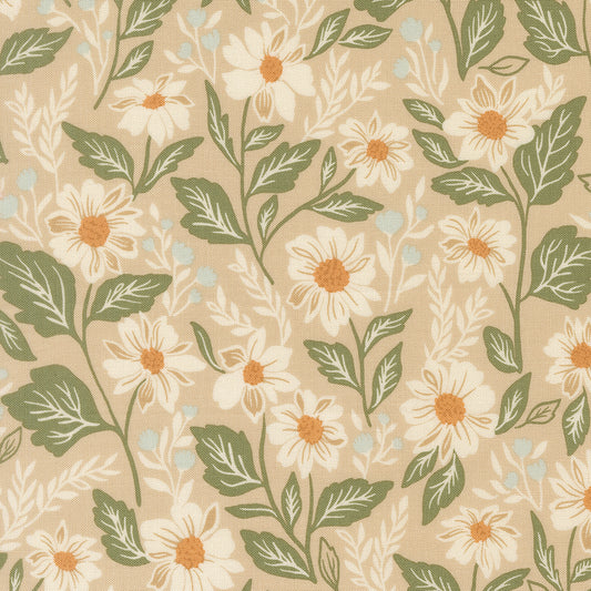 Floral pattern with white flowers and green leaves on a beige background