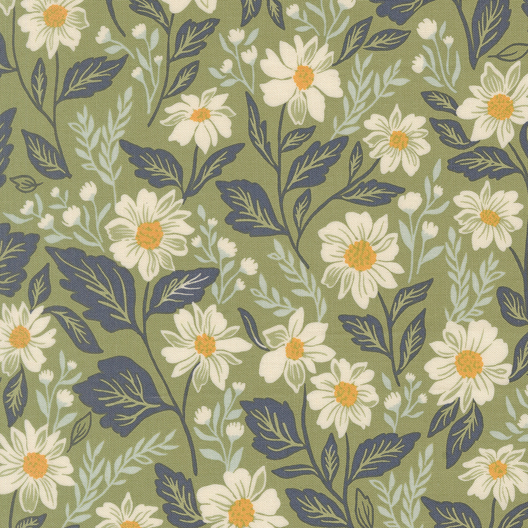 Floral pattern with white flowers and green leaves on a green background
