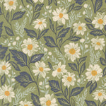 Floral pattern with white flowers and green leaves on a green background