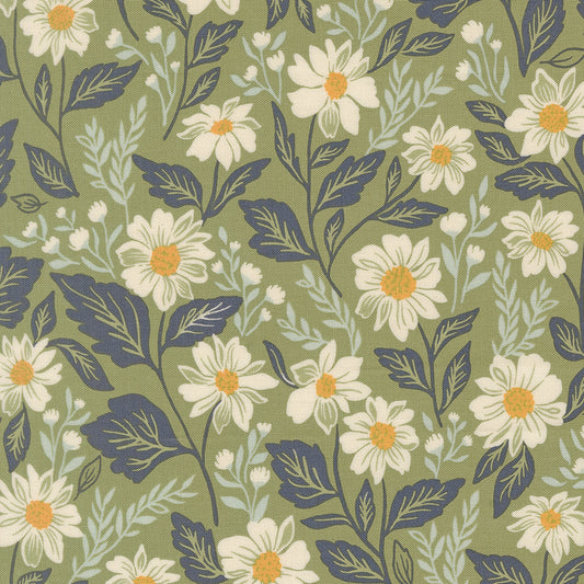 Floral pattern with white flowers and green leaves on a green background