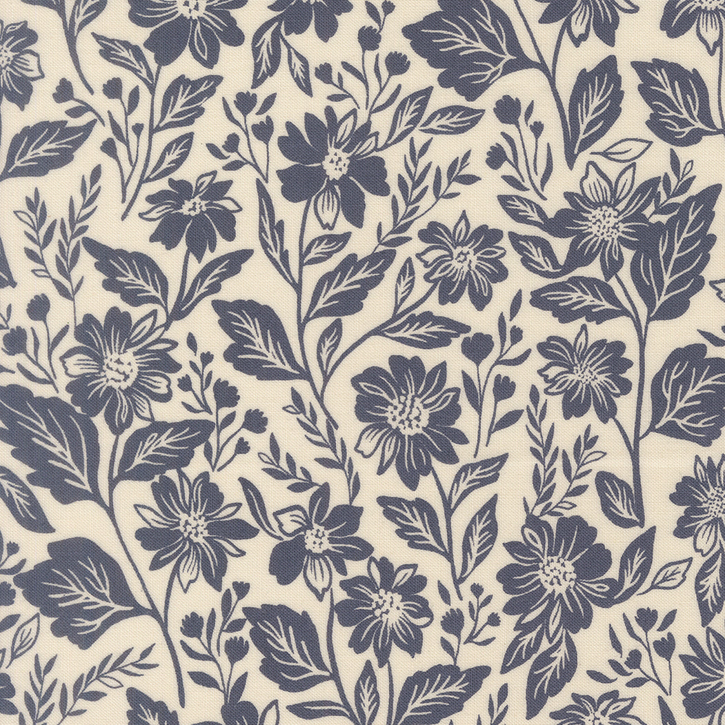 Navy floral pattern on a beige background