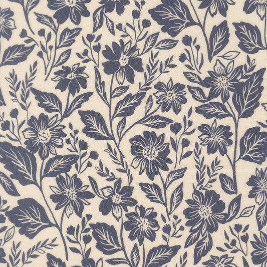 Navy floral pattern on a beige background