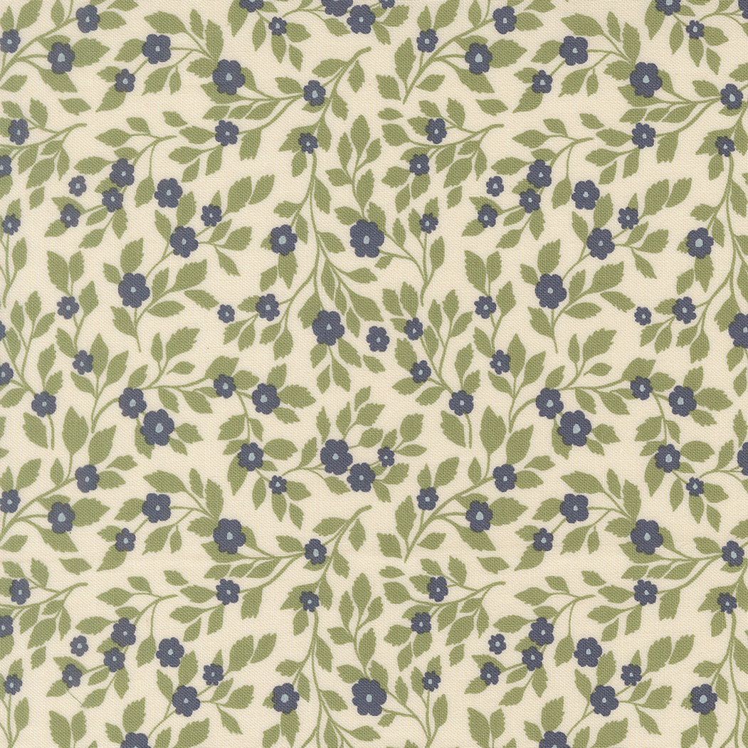 Floral pattern with blue flowers and green leaves on a beige background