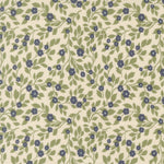Floral pattern with blue flowers and green leaves on a beige background