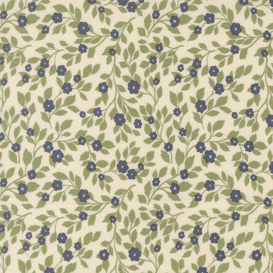 Floral pattern with blue flowers and green leaves on a beige background