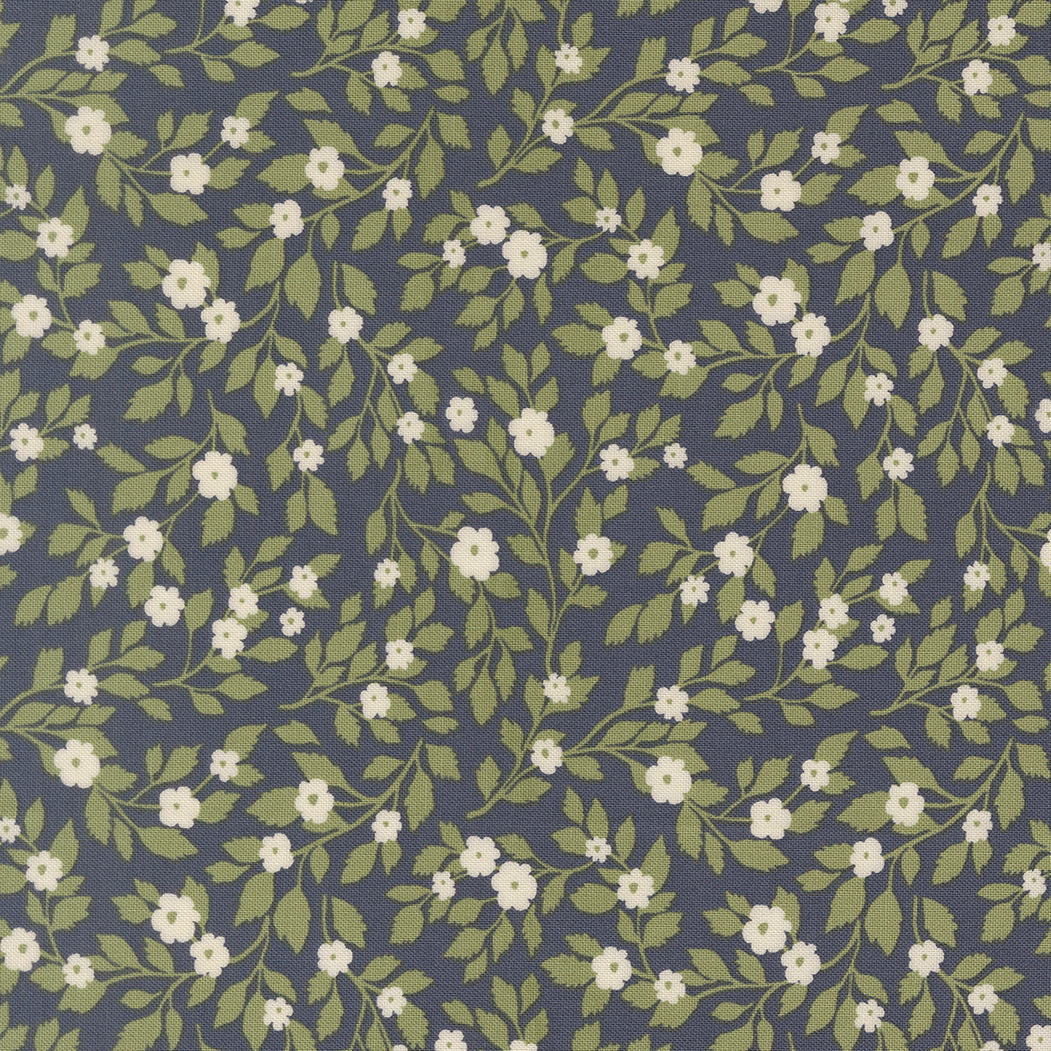 Floral pattern with white flowers and green leaves on a dark blue background