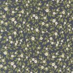 Floral pattern with white flowers and green leaves on a dark blue background