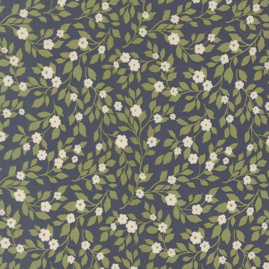 Floral pattern with white flowers and green leaves on a dark blue background