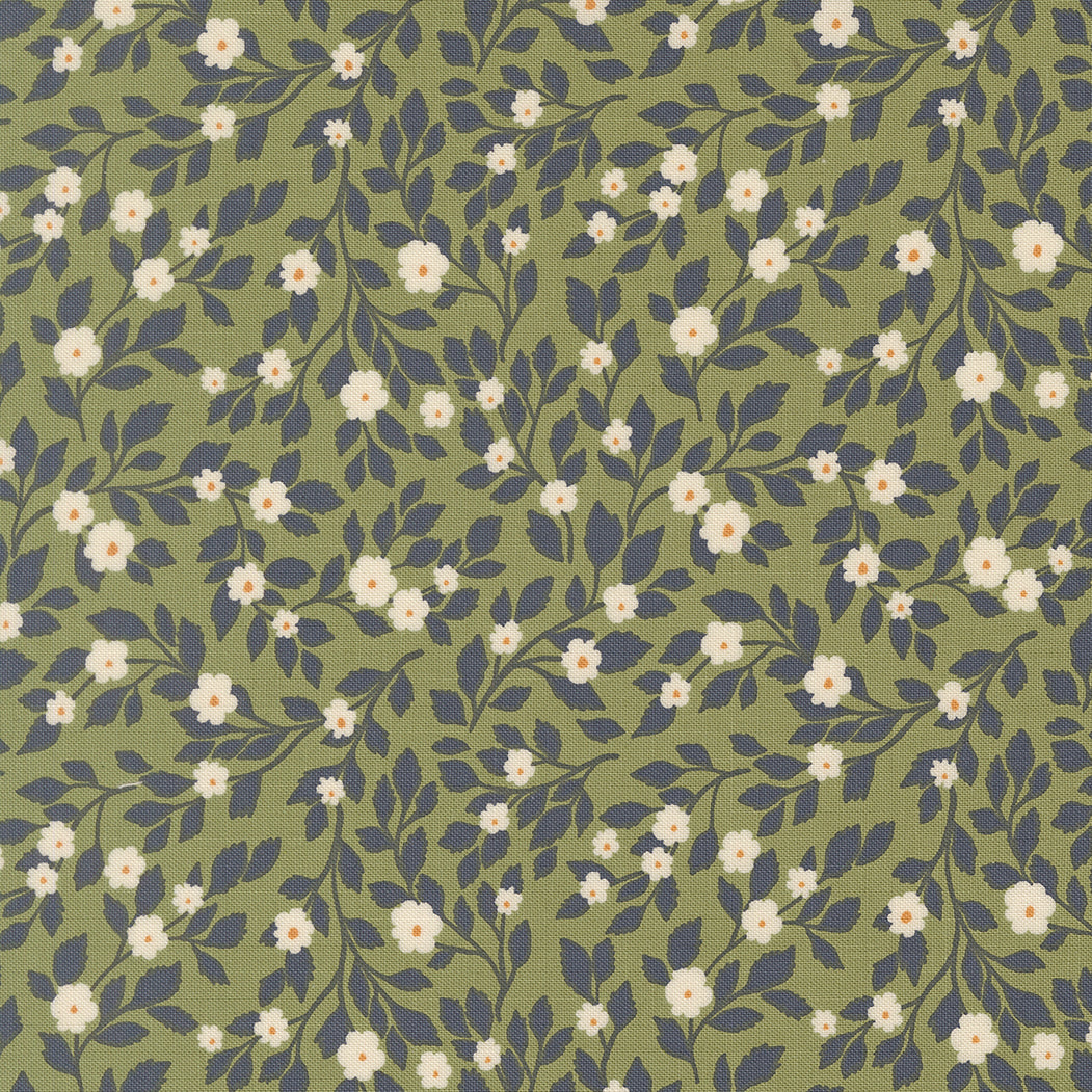Floral pattern with white flowers and blue leaves on a green background