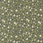 Floral pattern with white flowers and blue leaves on a green background