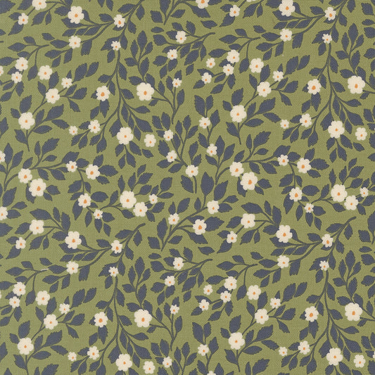 Floral pattern with white flowers and blue leaves on a green background