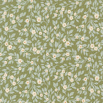 Floral pattern with small white flowers and light blue leaves on a green background