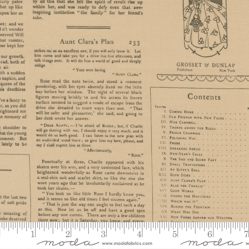 Textile with vintage book page design featuring text and a publisher's logo.