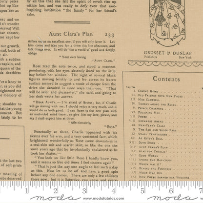 Textile with vintage book page design featuring text and a publisher's logo.