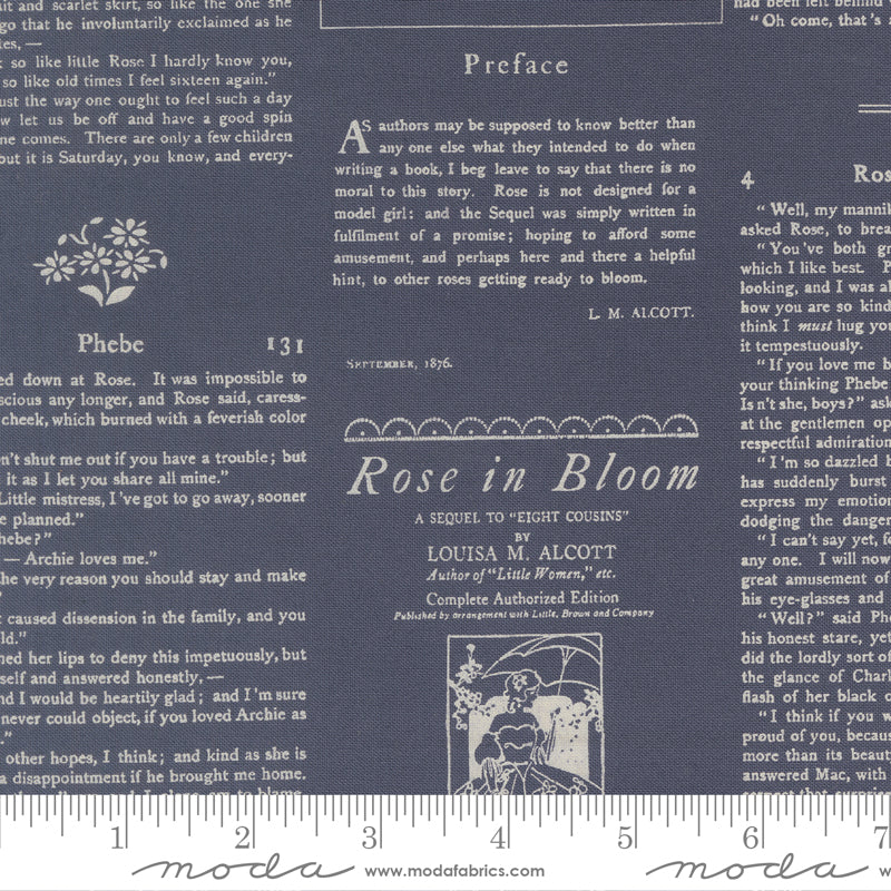 Textile with printed text and design elements on a blue background, featuring a ruler for scale
