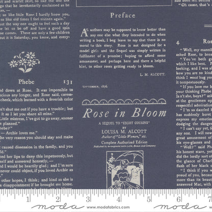 Textile with printed text and design elements on a blue background, featuring a ruler for scale