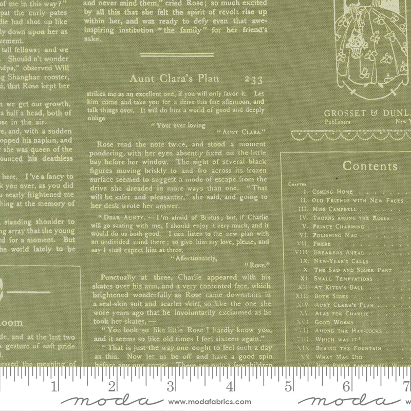 Textile with printed text and a publisher's logo on a green background