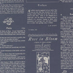 Textual design with book page elements and decorative text on a blue background