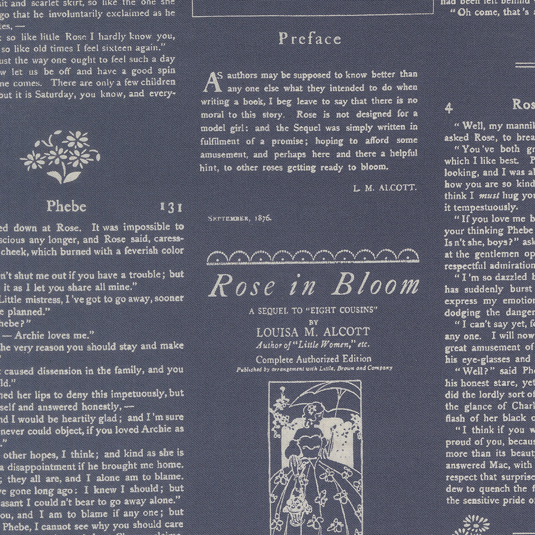 Textual design with book page elements and decorative text on a blue background