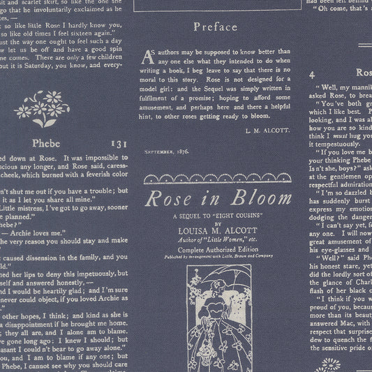 Textual design with book page elements and decorative text on a blue background
