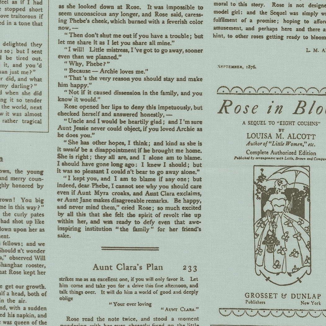 Book page with text and a decorative illustration of a woman holding flowers.