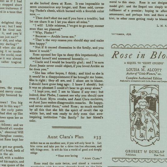 Book page with text and a decorative illustration of a woman holding flowers.