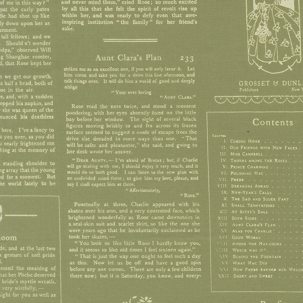 Text layout with 'Aunt Clara's Plan' and publisher details on a green background