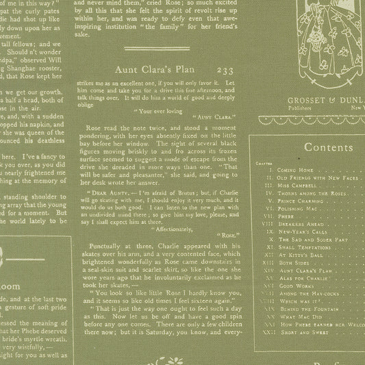 Text layout with 'Aunt Clara's Plan' and publisher details on a green background
