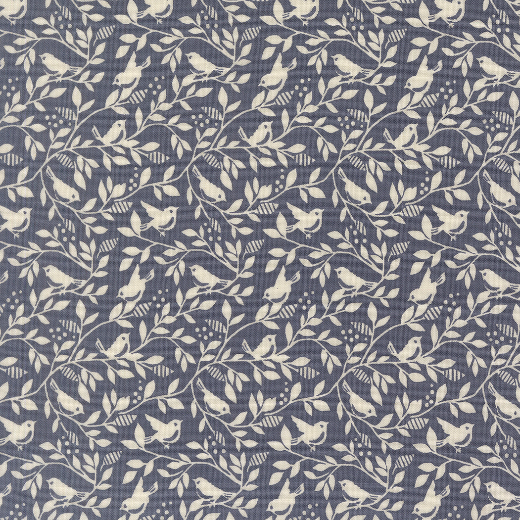 Pattern of birds and leaves on a blue background