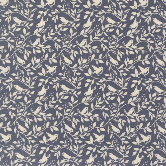 Pattern of birds and leaves on a blue background